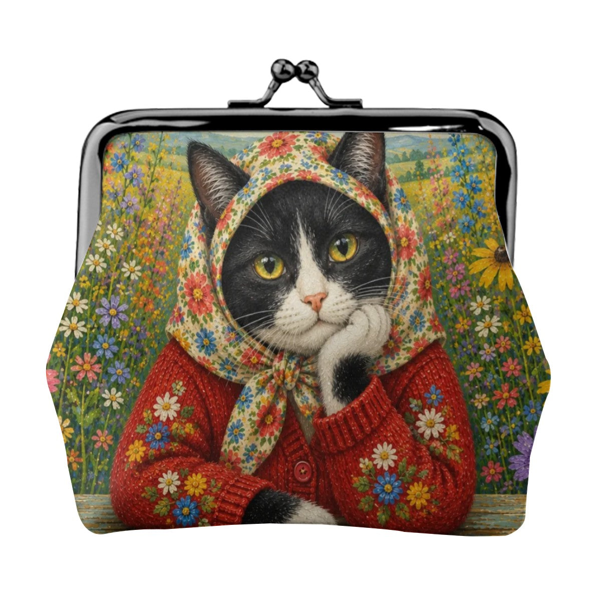 Babushka Cat Tuxedo Cat Floral Fun Times Kiss Lock Coin Purse