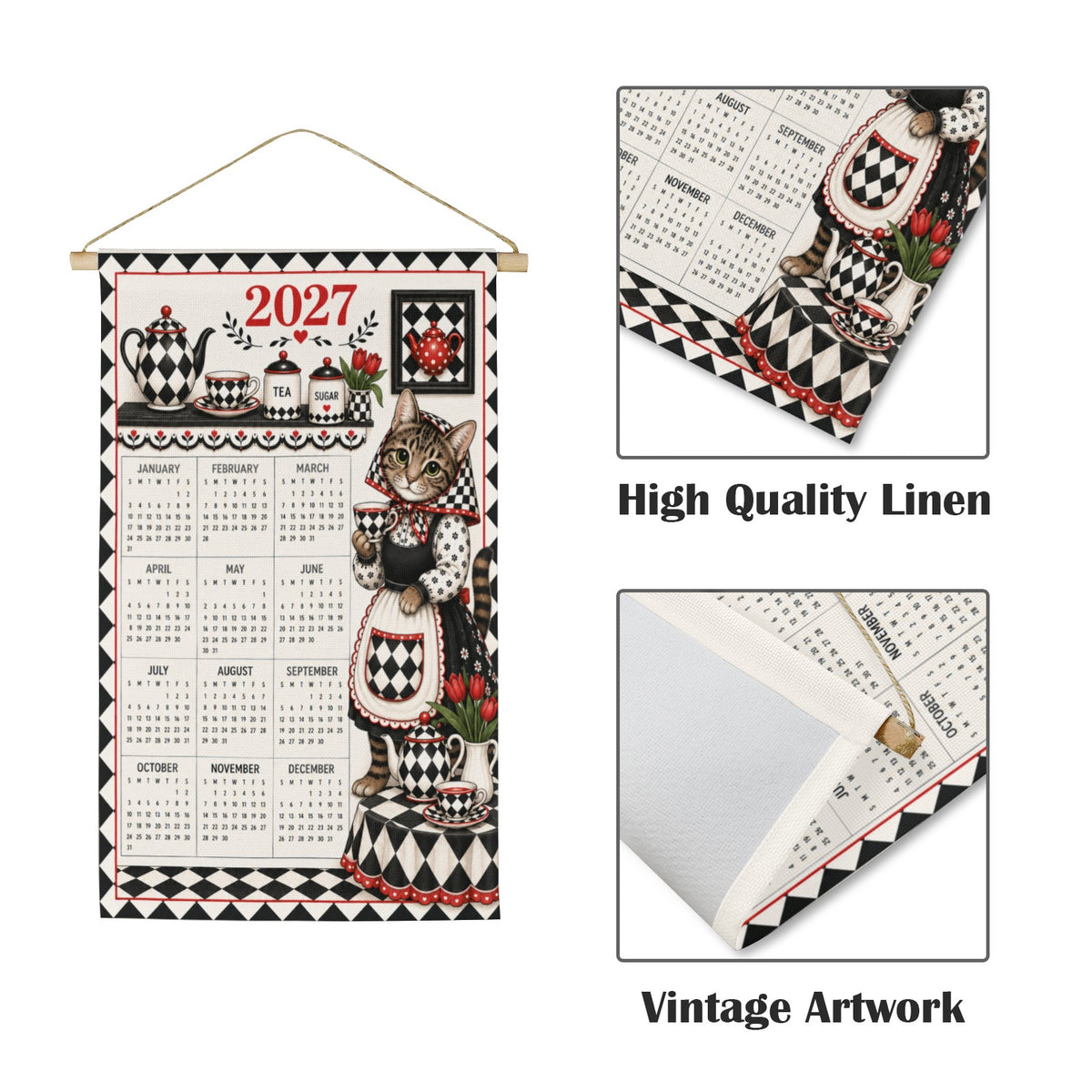 Babushka Cat Goes Harlequin Old Timey Style Wall Calendar