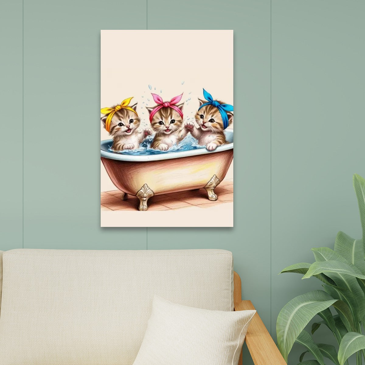 Retro Kittens in Bathtub Kitschy Cat Art Canvas Print Wall Art