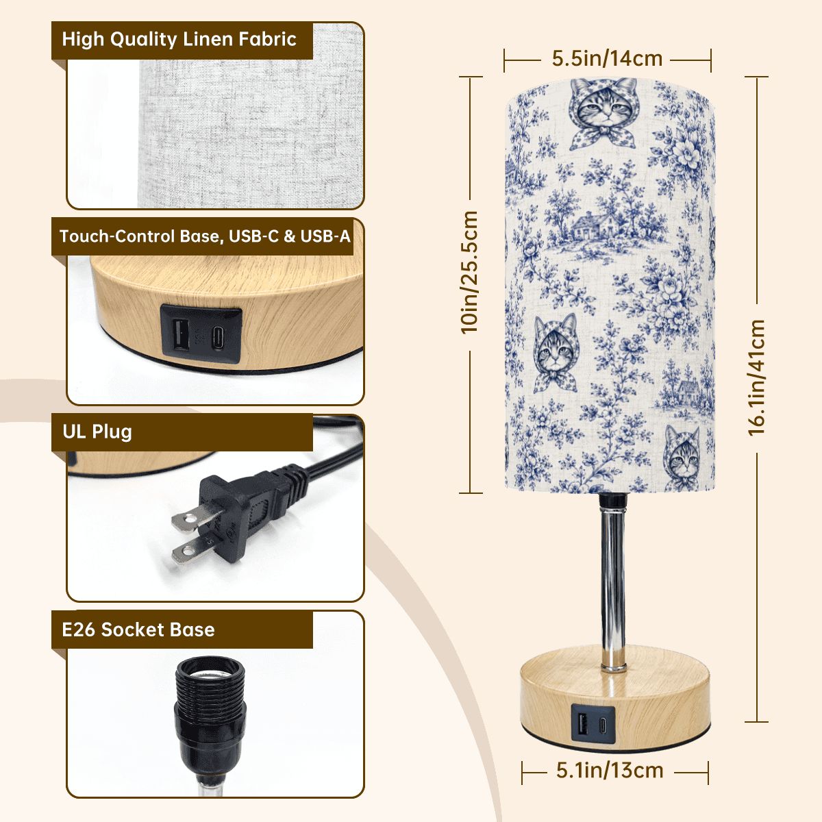 Babushka Du Joy French Toile  Touch Bedside Table Lamp with USB