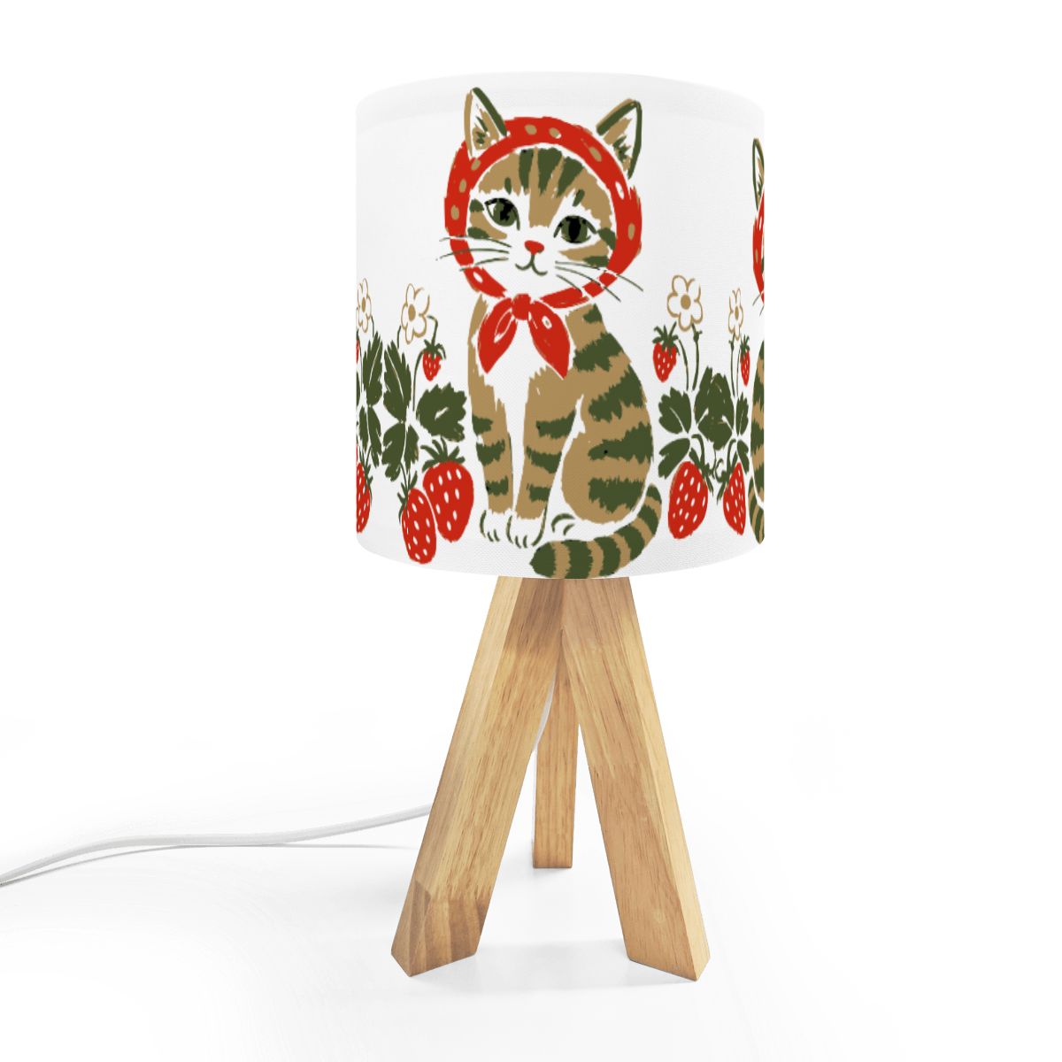Babushka Cat Strawberry Cottagecore Tripod Table Lamp