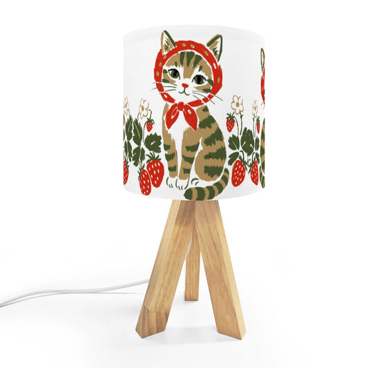 Babushka Cat Strawberry Cottagecore Tripod Table Lamp