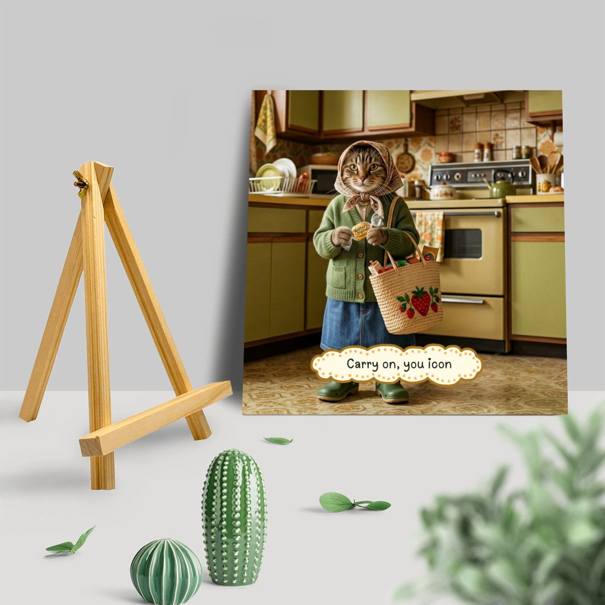 Babushka Cat Mini Tripod Inspirational Sign "Carry on, you icon"