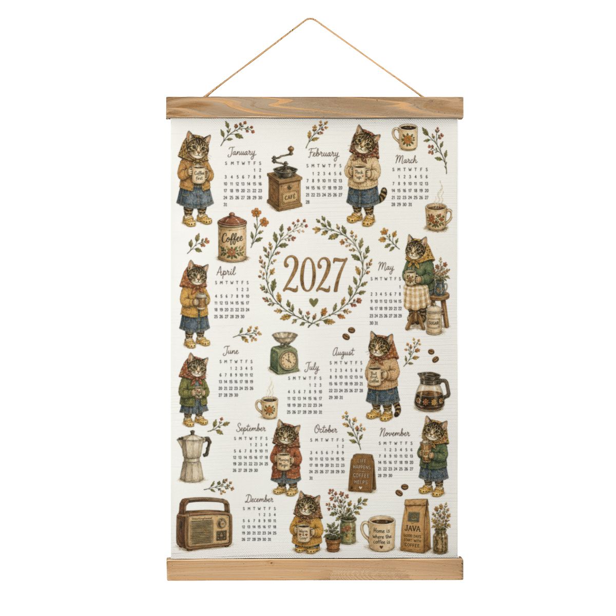 Babushka Cat 2027 Calendar -Coffee Lover Coated Linen Canvas Wall Hanging