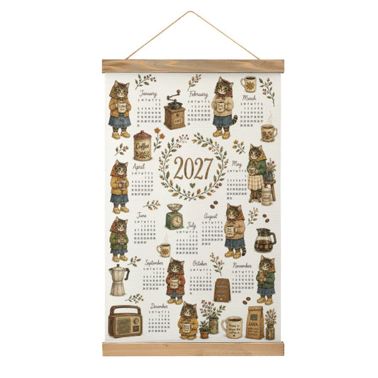 Babushka Cat 2027 Calendar -Coffee Lover Coated Linen Canvas Wall Hanging