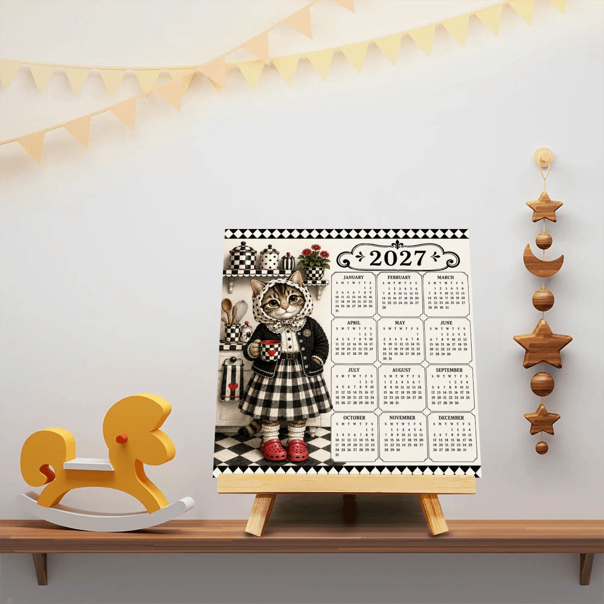 Babushka Cat Black and White  Mini 2027 Calendar Wood Block Sign – 8" x 8"