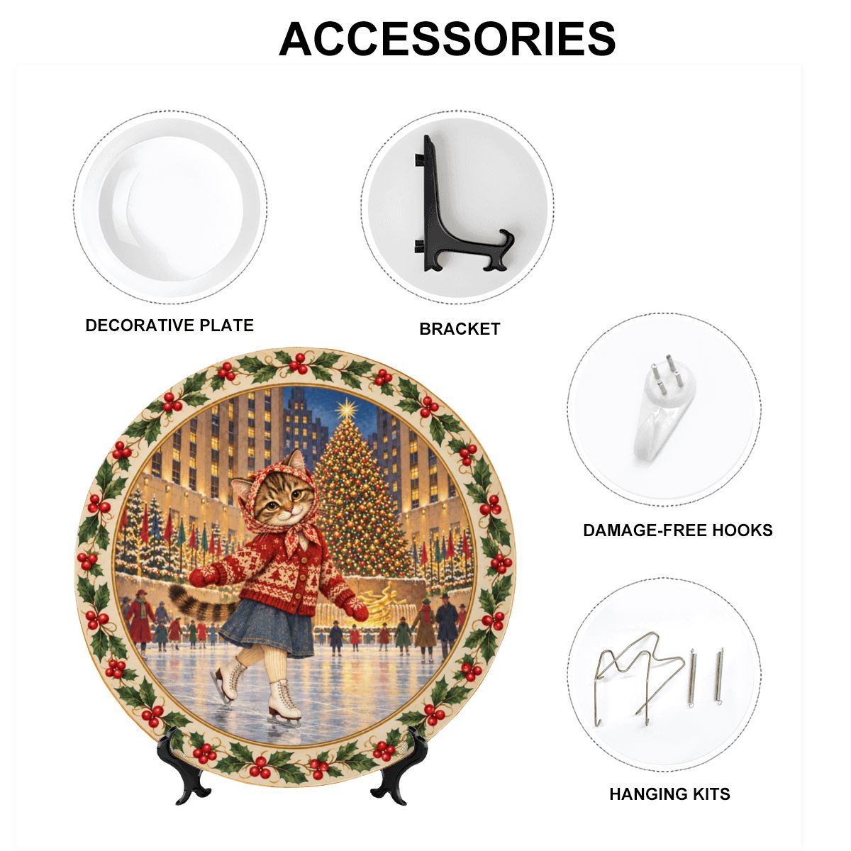 Babushka Cat Ice Skating in NYC Decorative Christmas Plate