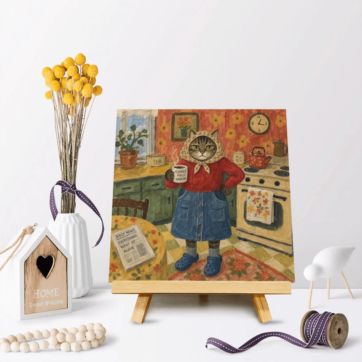 Babushka Cat Mini Wood Block Sign  – 8" x 8"