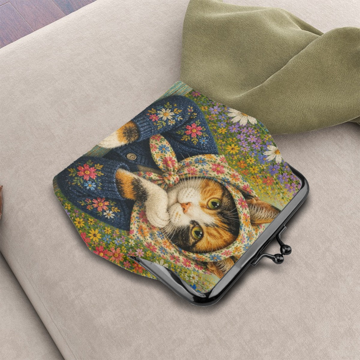 Babushka Cat Calico Gardens Kiss Lock Coin Purse