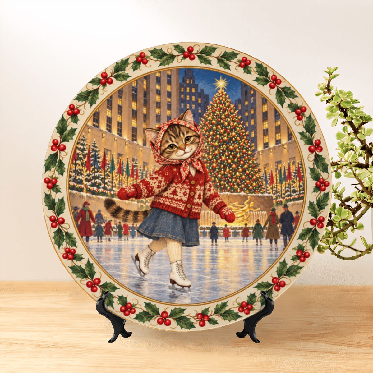 Babushka Cat Ice Skating in NYC Decorative Christmas Plate