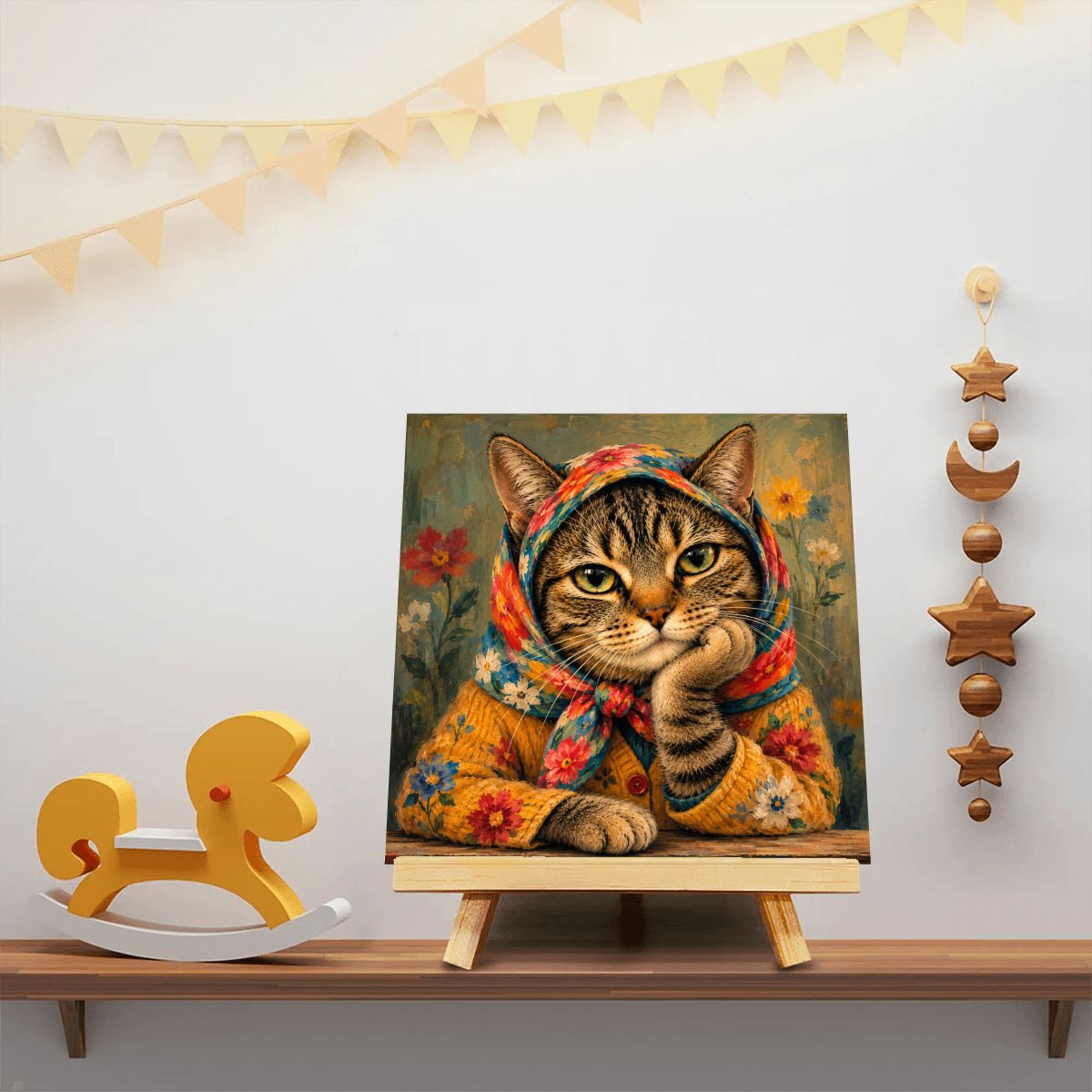 Babushka Cat Portrait Mini Easel Art