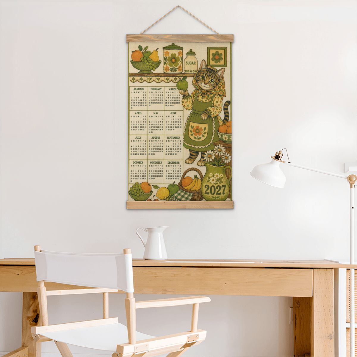 Babushka Cat 2027 Retro Themed Coated Linen Canvas Hanging Wall Calendar