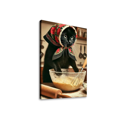 Babushka Black Cat Kitchen Kitschy Art-Canvas Prints Wall Art