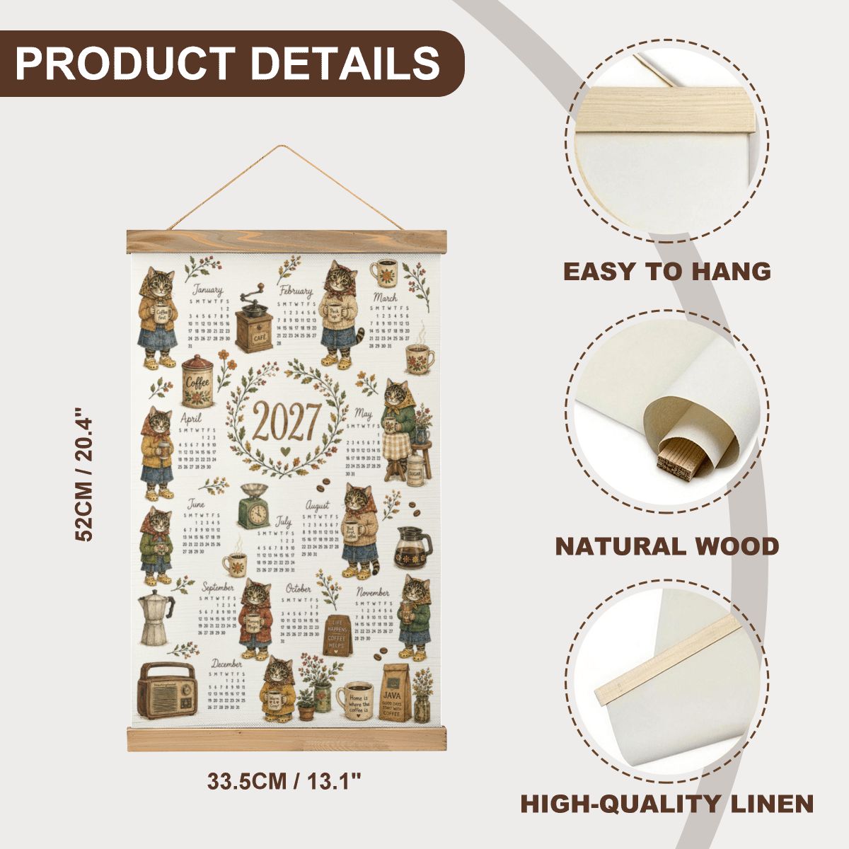 Babushka Cat 2027 Calendar -Coffee Lover Coated Linen Canvas Wall Hanging
