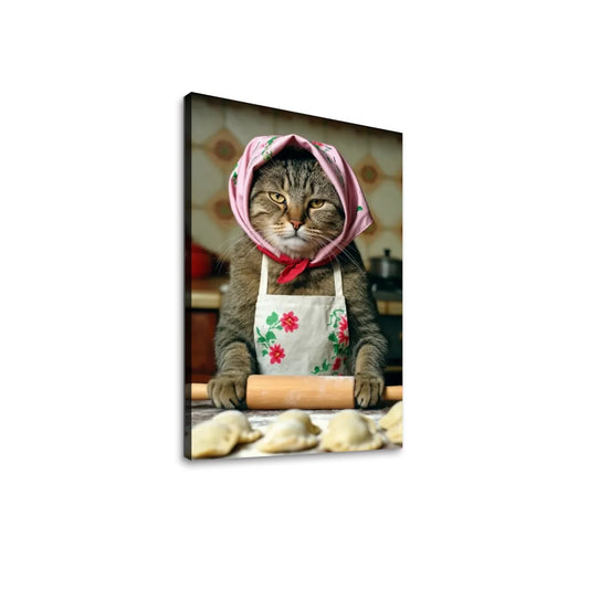 Babushka Cat Rolls Dough Canvas Print Wall Art