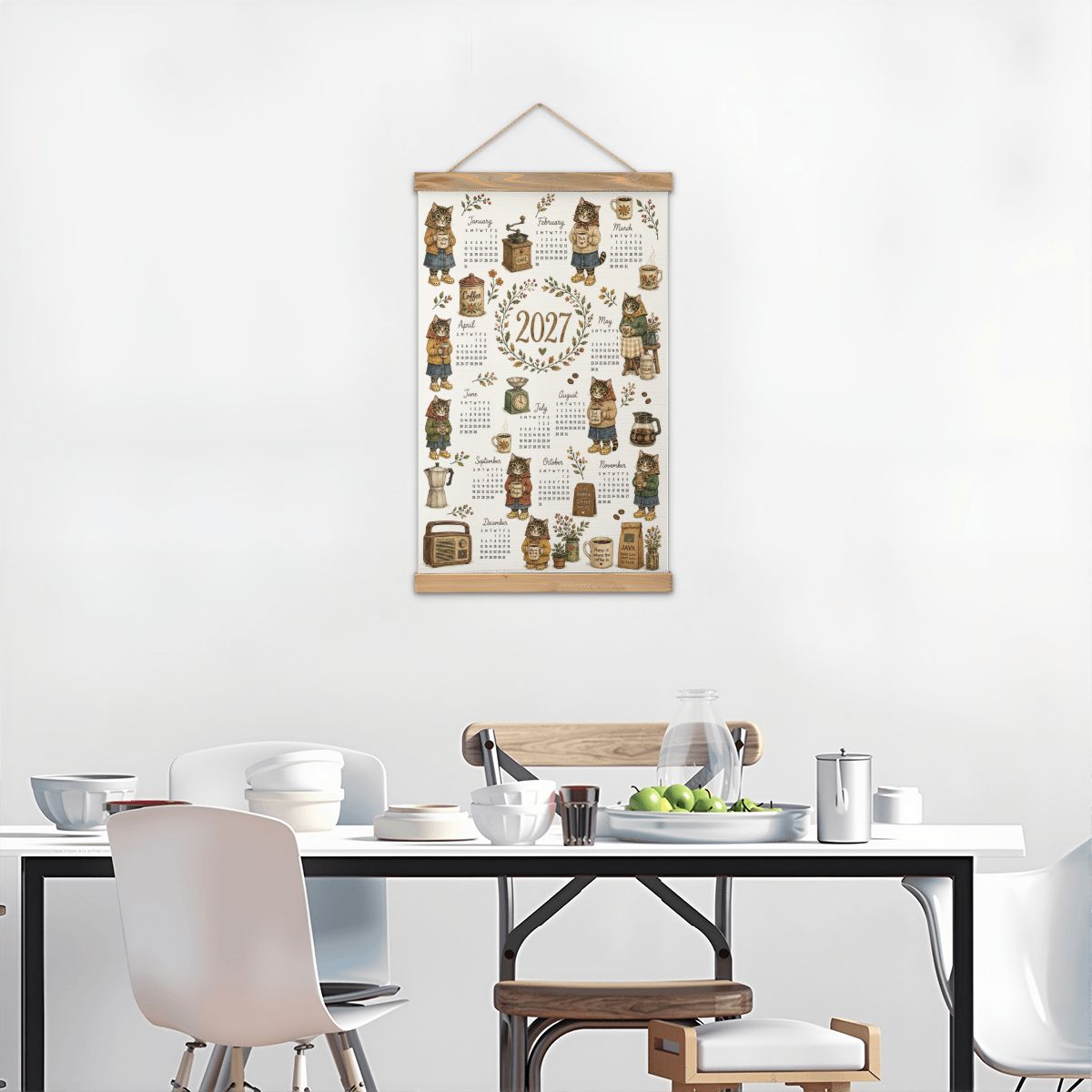 Babushka Cat 2027 Calendar -Coffee Lover Coated Linen Canvas Wall Hanging