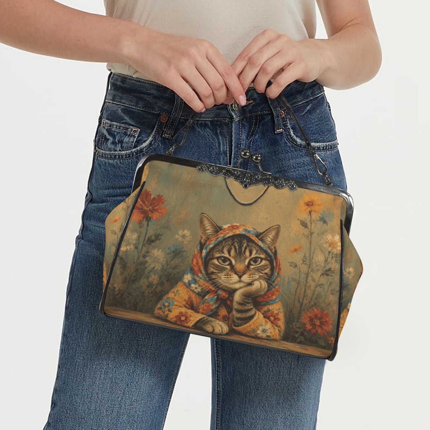 Babushka Cat Garden Solace Vintage Style Kisslock Purse