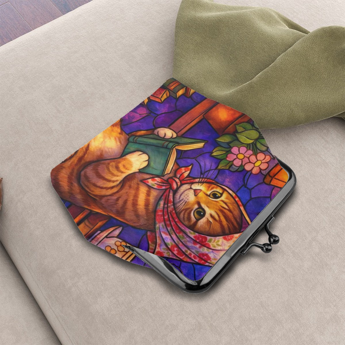 Babushka Cat Reading Peaceful Kiss Lock Coin Purse