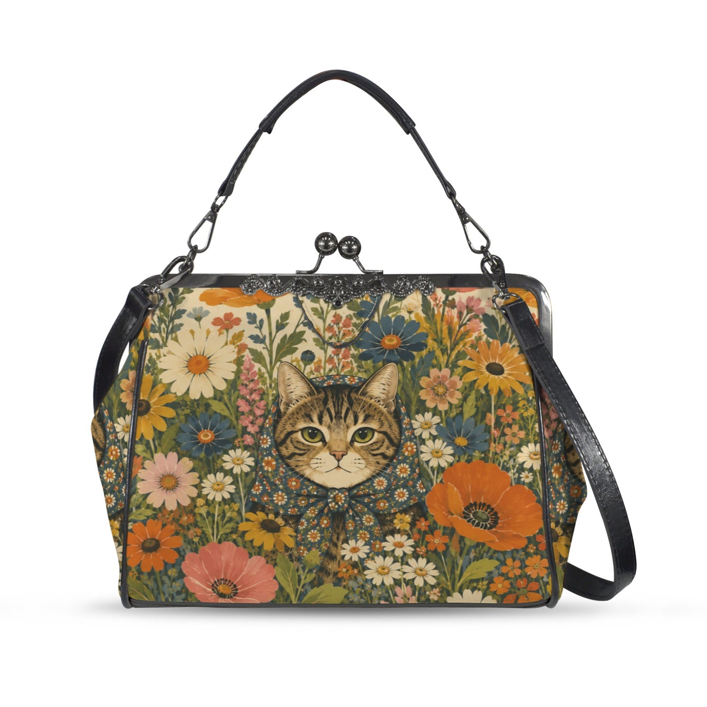 Babushka Cat  Garden Peeper Vintage Style Kisslock Purse