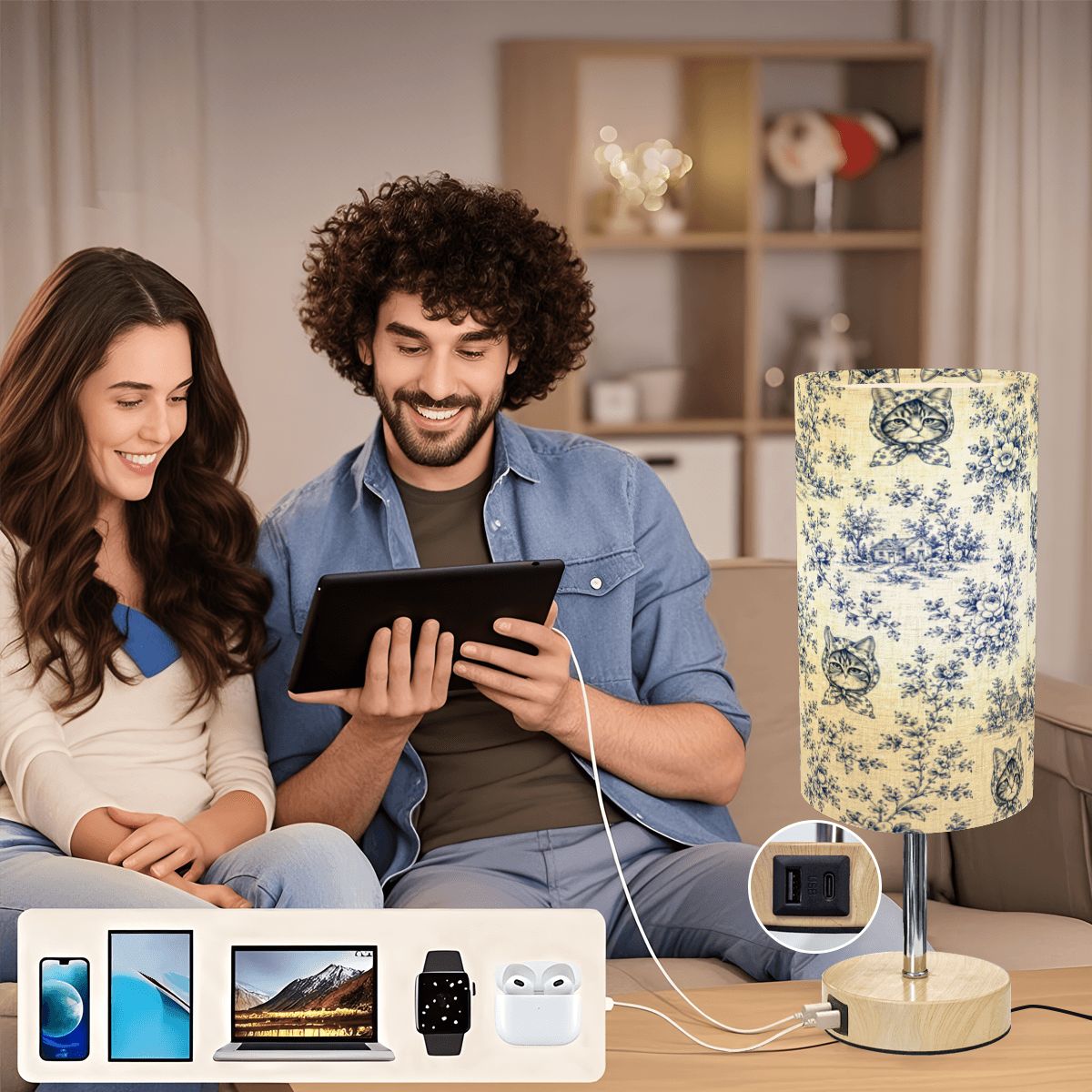 Babushka Du Joy French Toile  Touch Bedside Table Lamp with USB