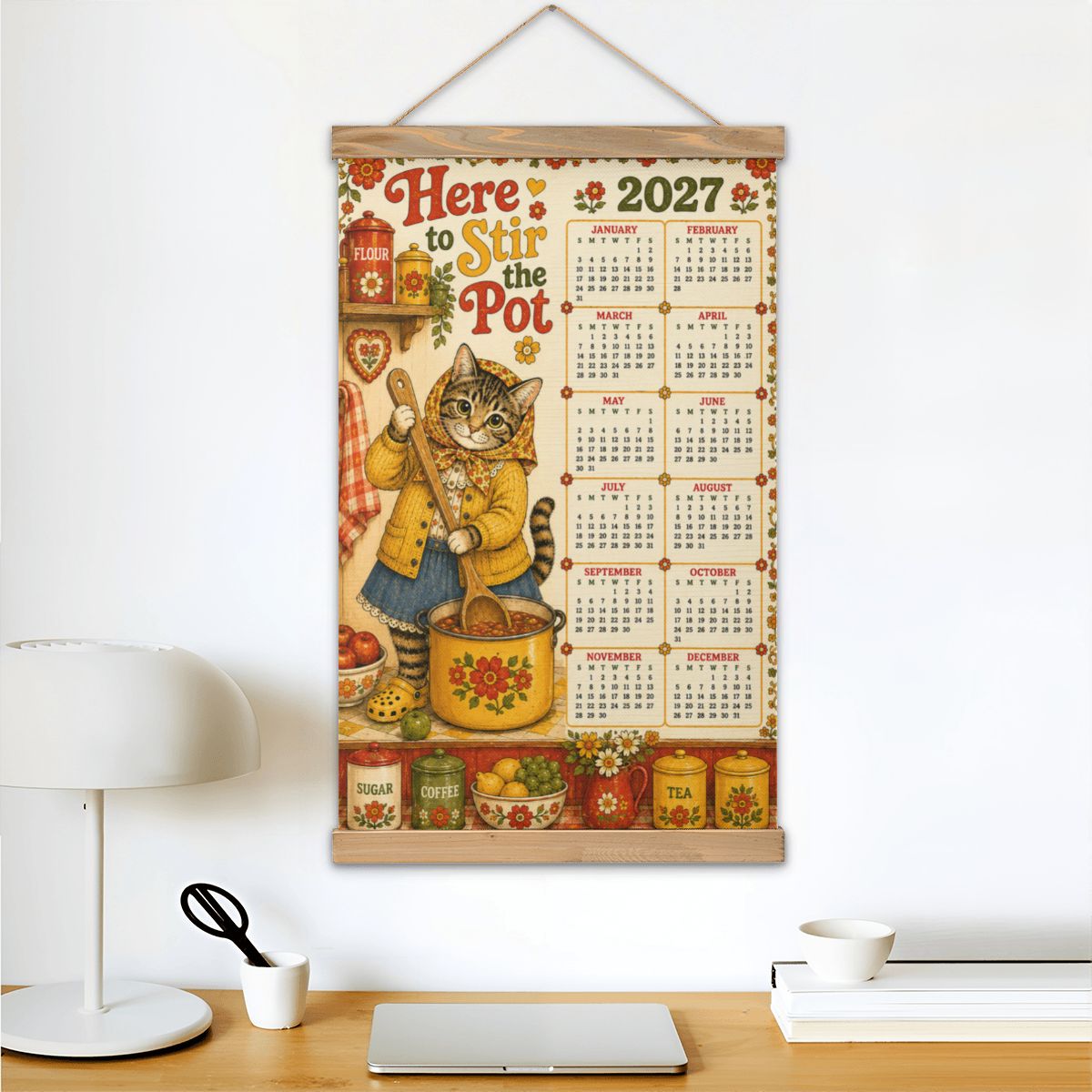 Babushka Cat 2027 Retro Wall Hanging Calendar