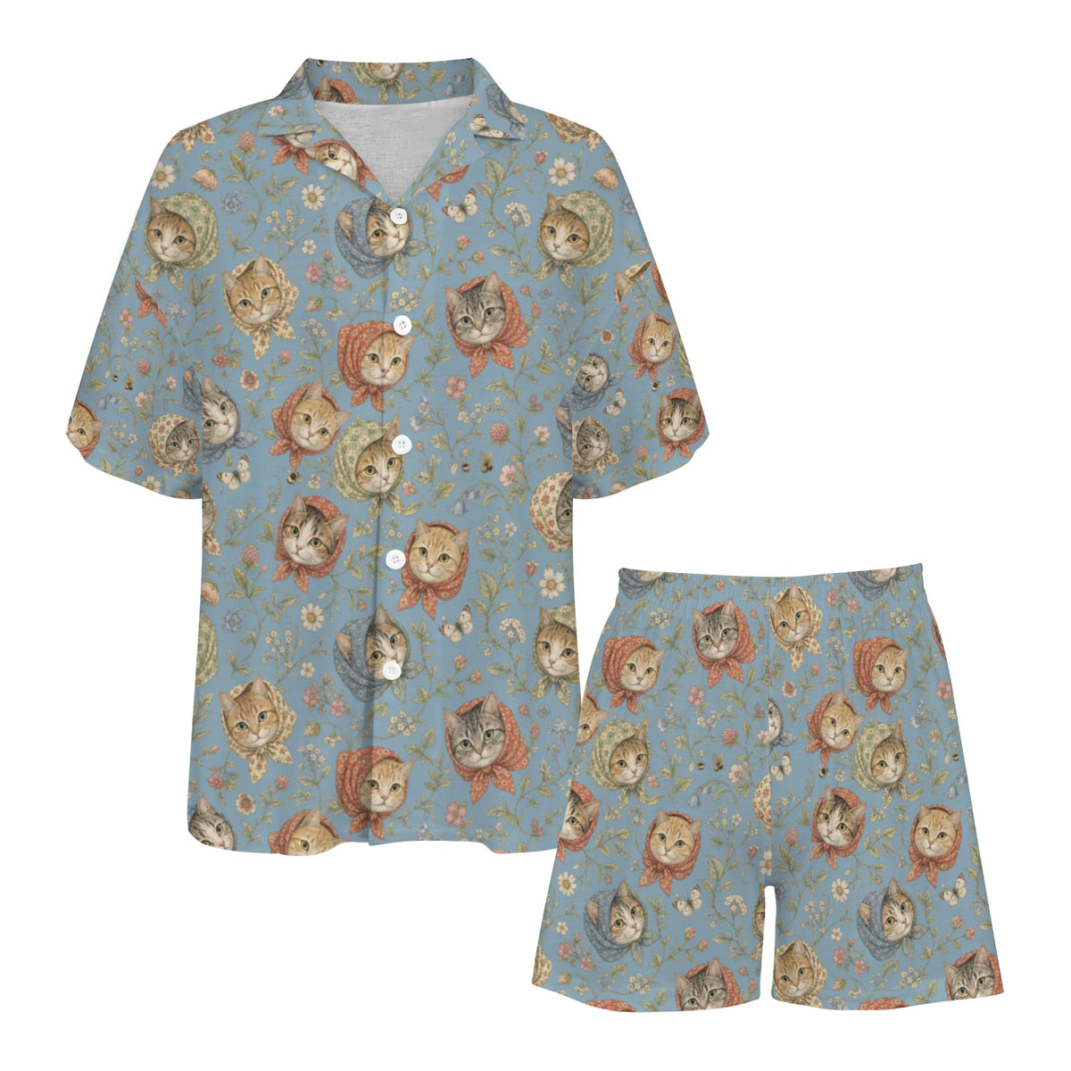 Babushka Cat Heads French Toile Women's V-Neck Short Pajama Set