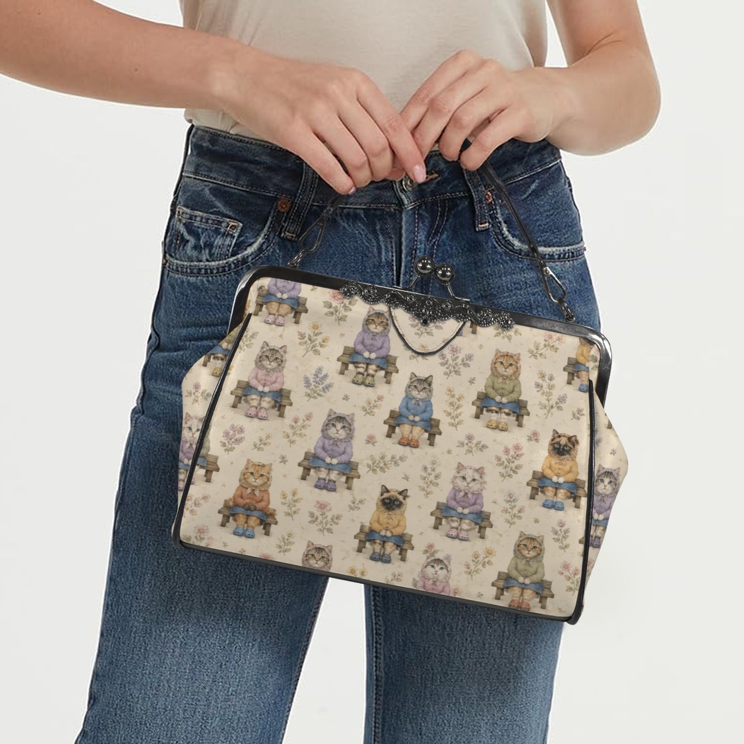 Babushka Cat Park Bench Vintage Style Kisslock Crossbody Shoulder Bag