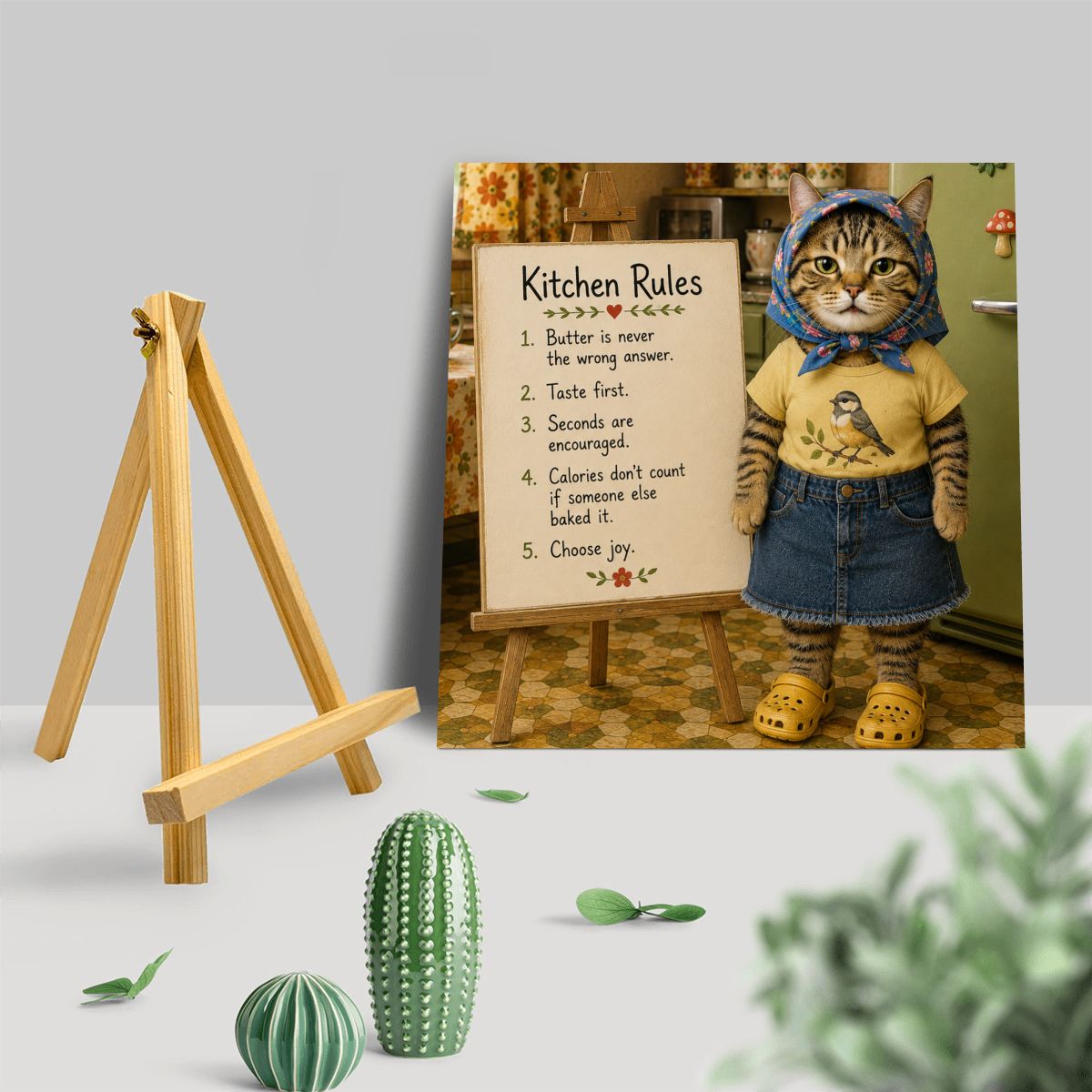Babushka Cat Kitchen Rules Mini Easel Art