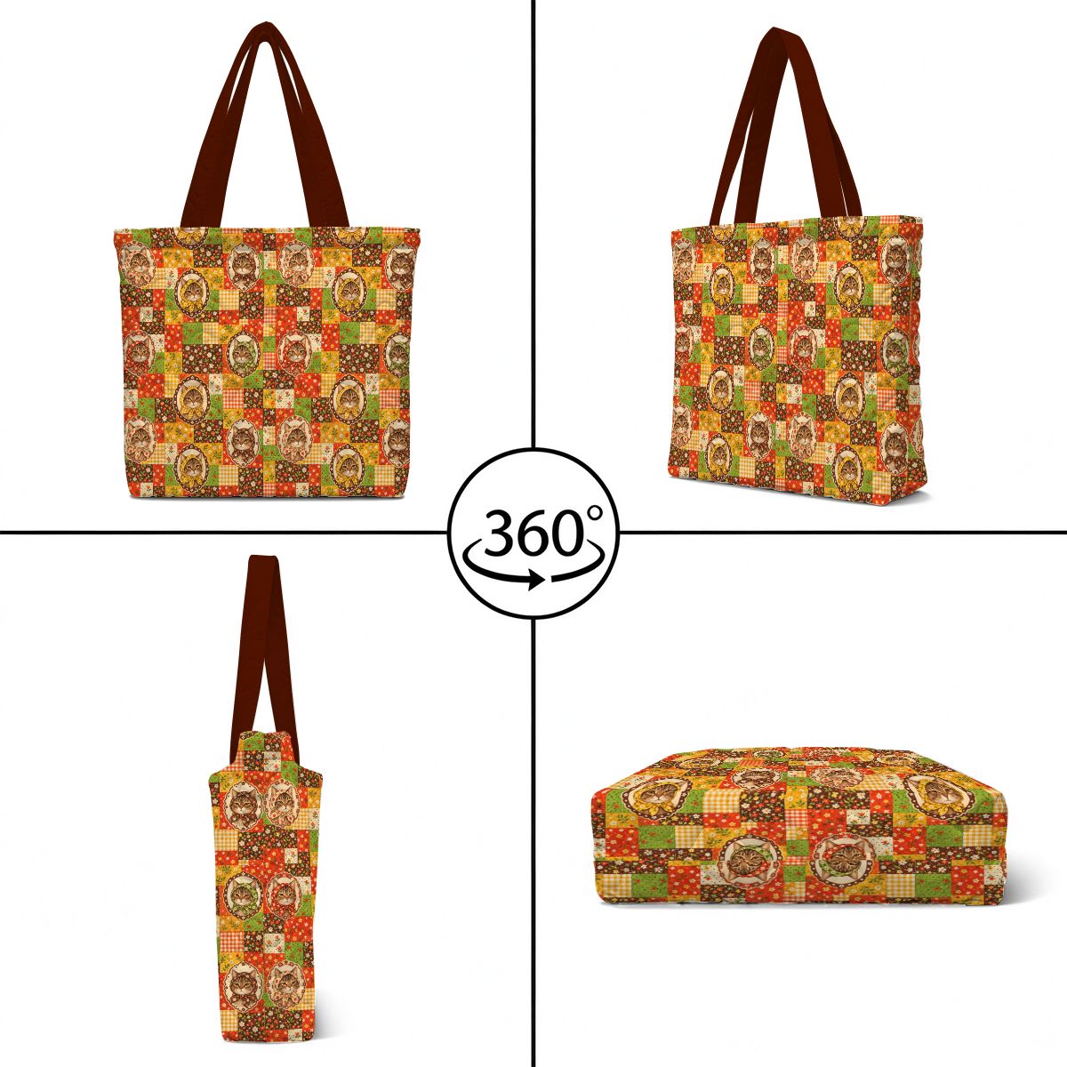 Babushka Cat 70's Pattern Quilted Tote