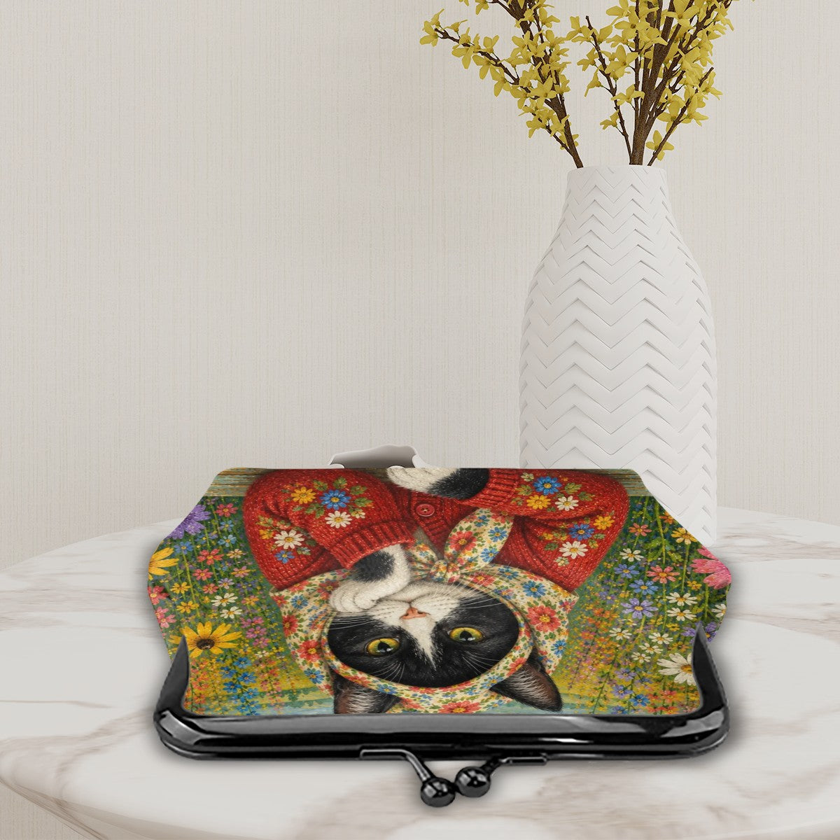 Babushka Cat Tuxedo Cat Floral Fun Times Kiss Lock Coin Purse