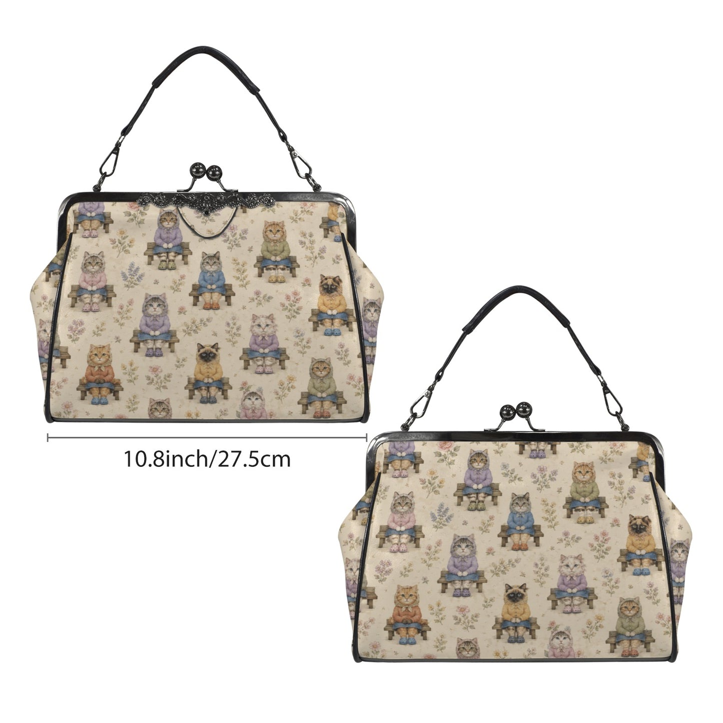 Babushka Cat Park Bench Vintage Style Kisslock Crossbody Shoulder Bag