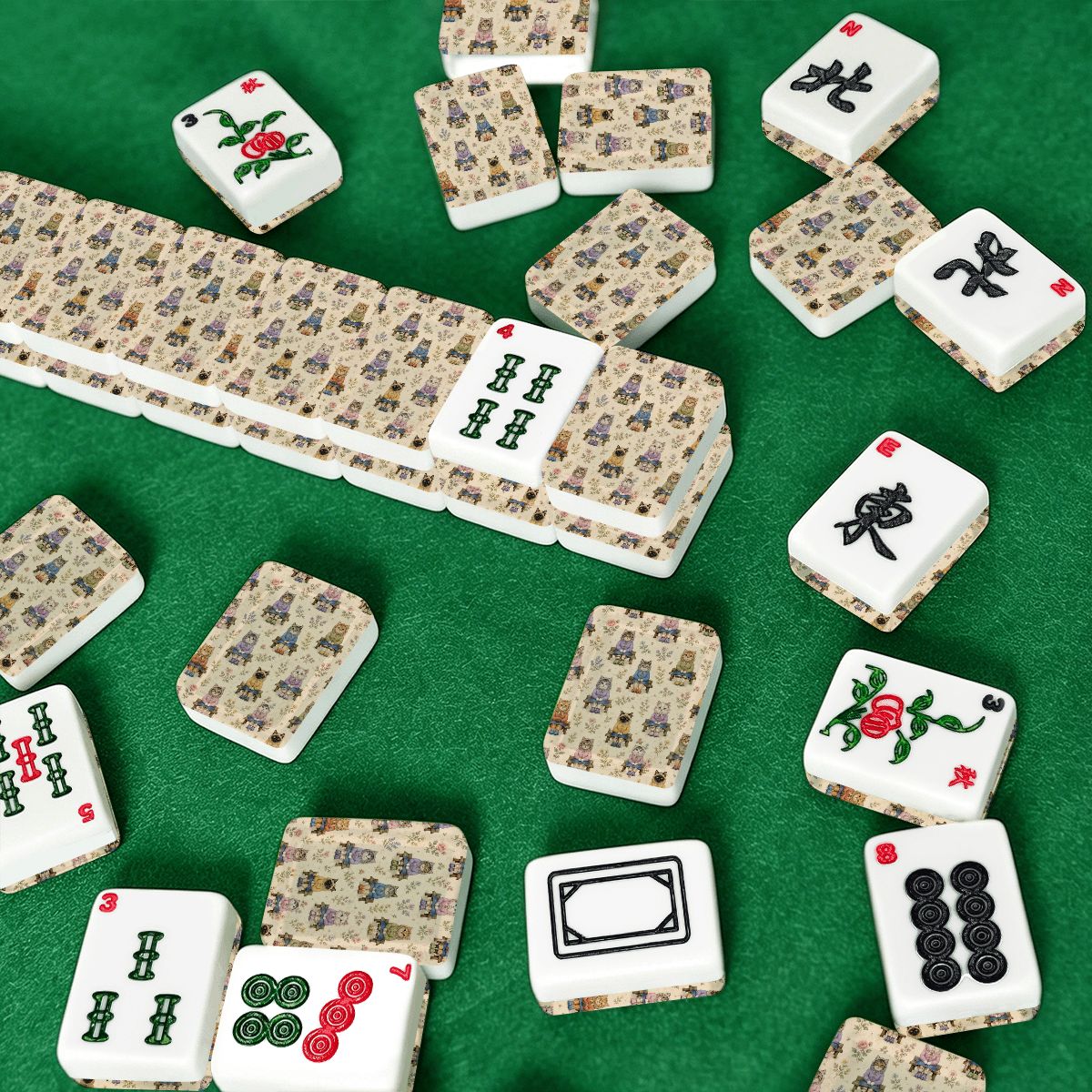 Babushka Cat Pretty on the Bench Floral Traditional American Mahjong Tile Set