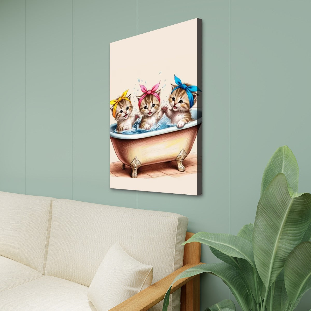 Retro Kittens in Bathtub Kitschy Cat Art Canvas Print Wall Art