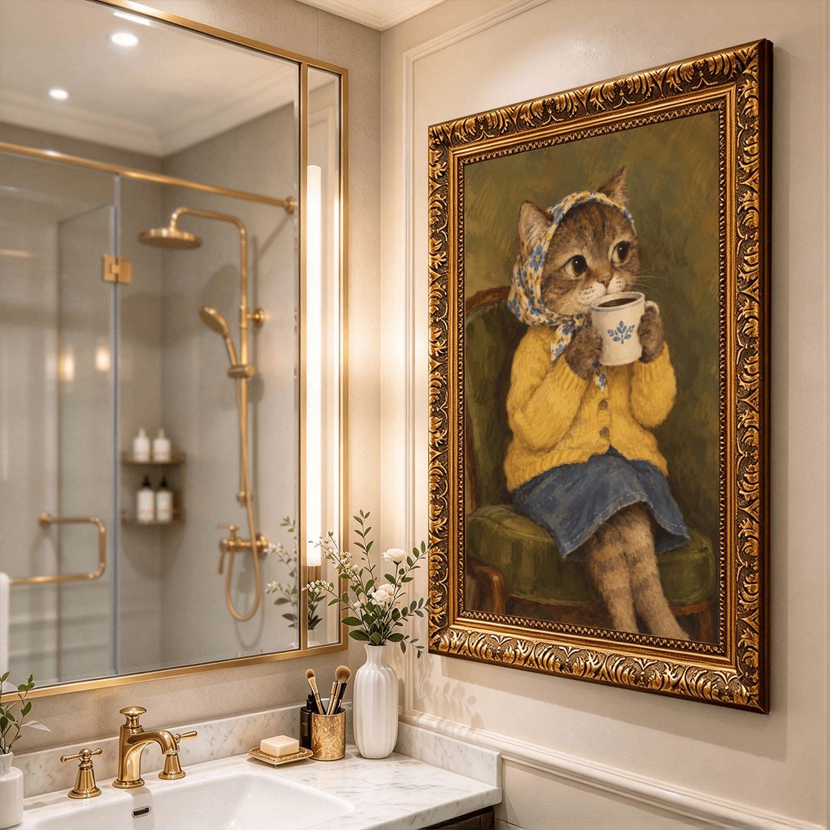 Babushka Cat Vintage Gold Frame Canvas, Sipping Coffee