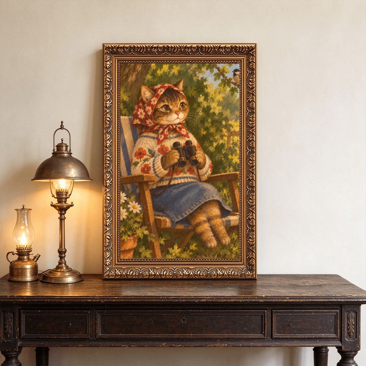 Babushka Cat Vintage Style Birdwatching Gold Framed Canvas Wall Art