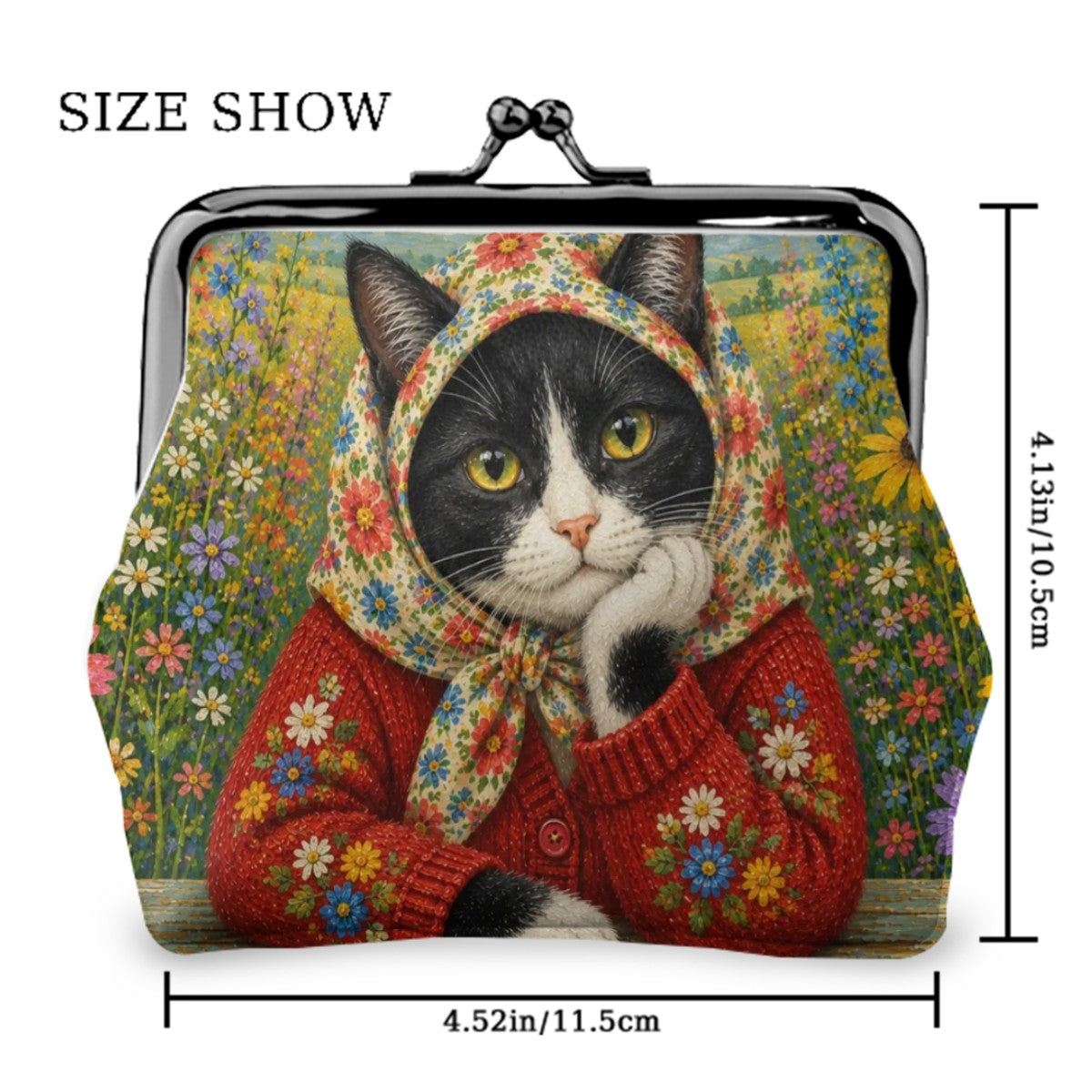 Babushka Cat Tuxedo Cat Floral Fun Times Kiss Lock Coin Purse