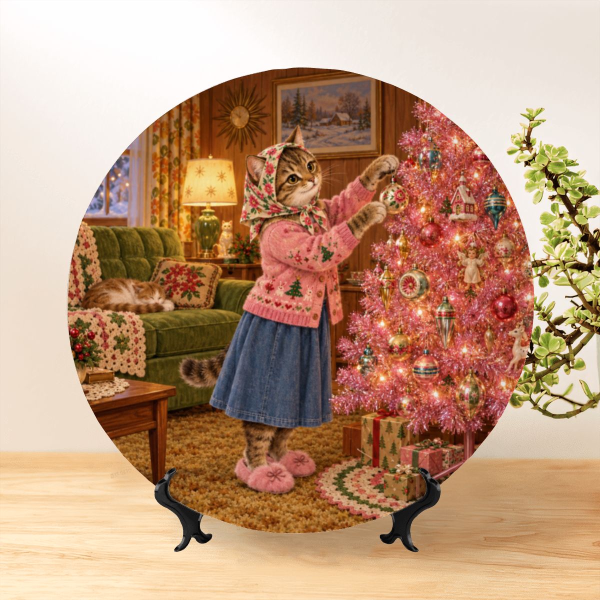 Babushka Cat Decorative Nostalgic Holiday Plate