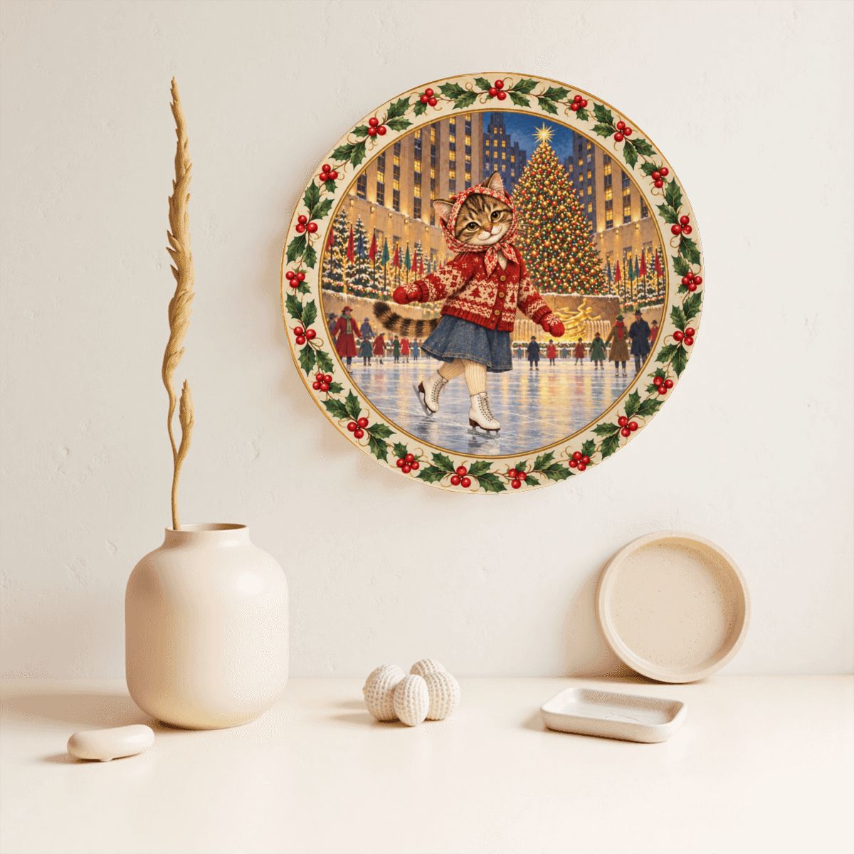 Babushka Cat Ice Skating in NYC Decorative Christmas Plate