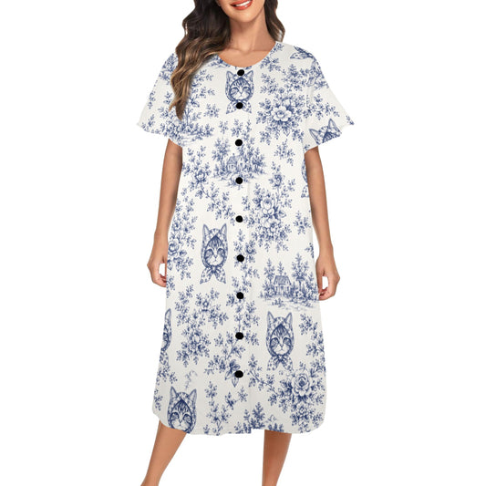 Babushka Cat Blue Toile Cat House Dress Women's Button Front