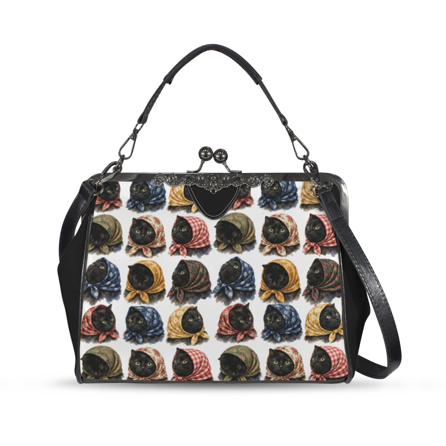 Babushka Cat Lucky Black Cat Heads Whimsical Vintage Style Kiss Lock Purse