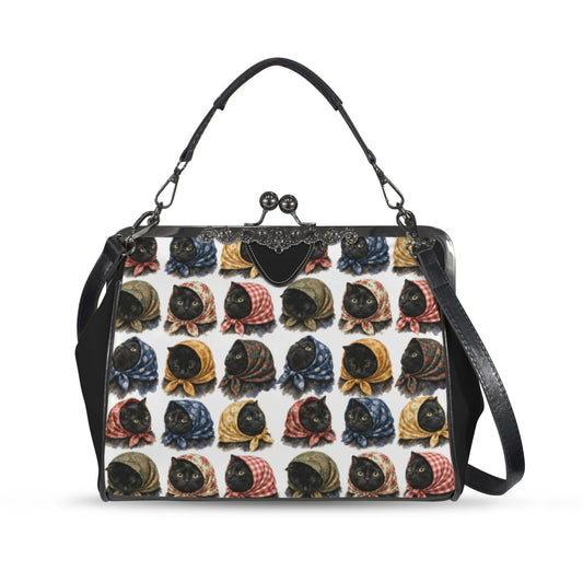 Babushka Cat Lucky Black Cat Heads Whimsical Vintage Style Kiss Lock Purse