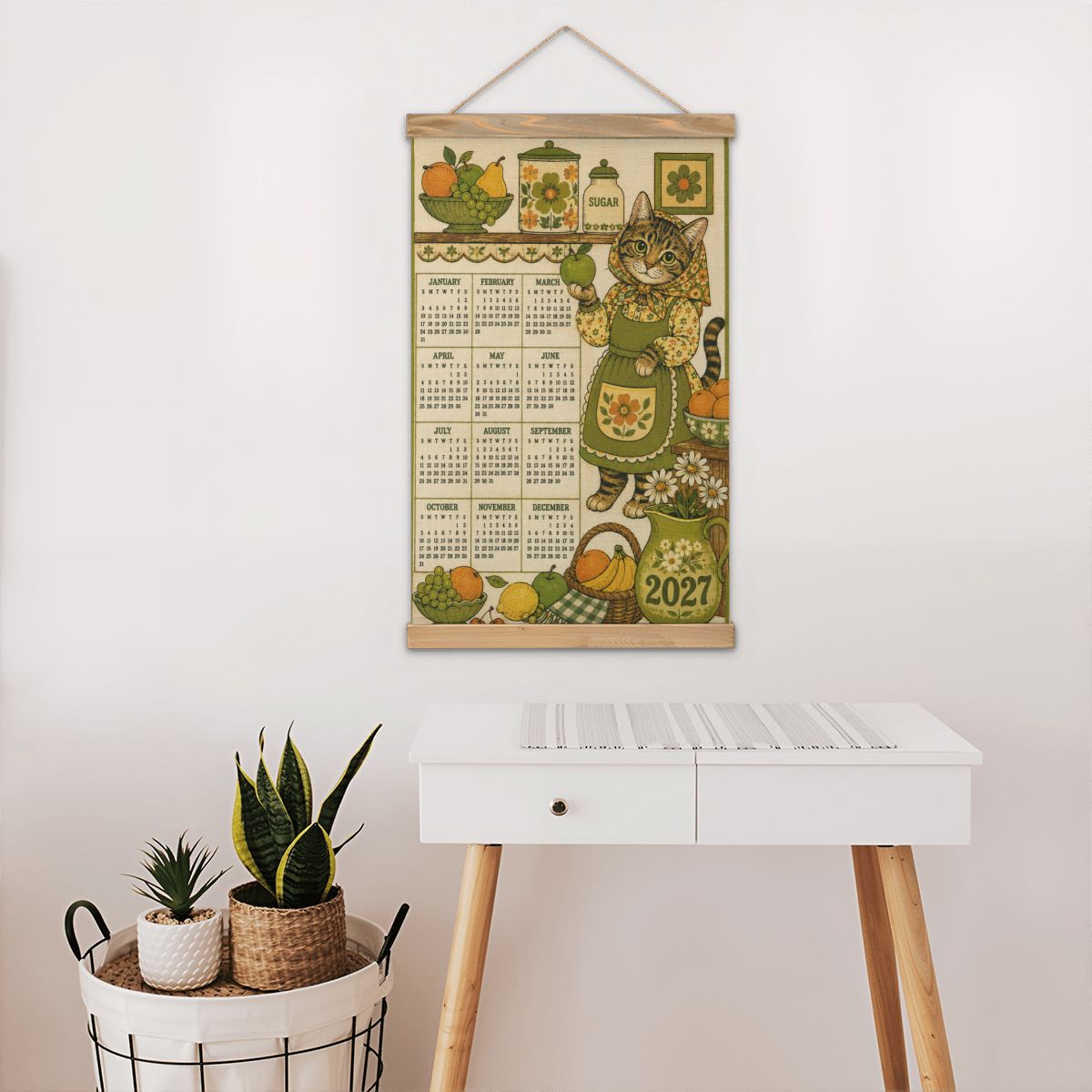 Babushka Cat 2027 Retro Themed Coated Linen Canvas Hanging Wall Calendar