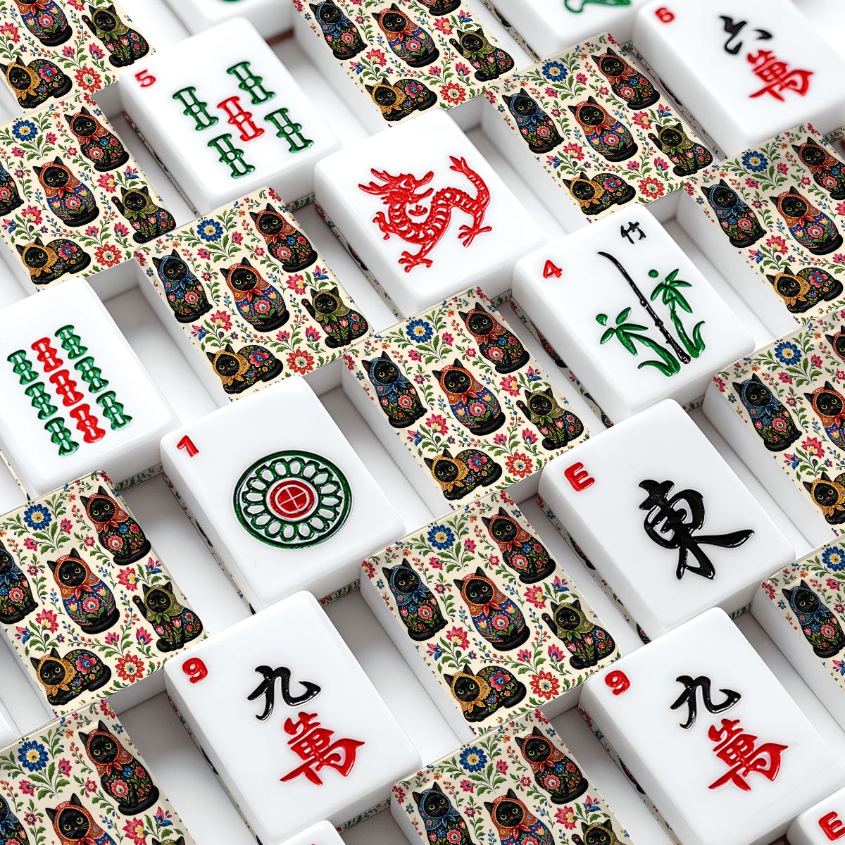 Babushka Cat Black Cat Matroyshkas Mahjong Tile Set