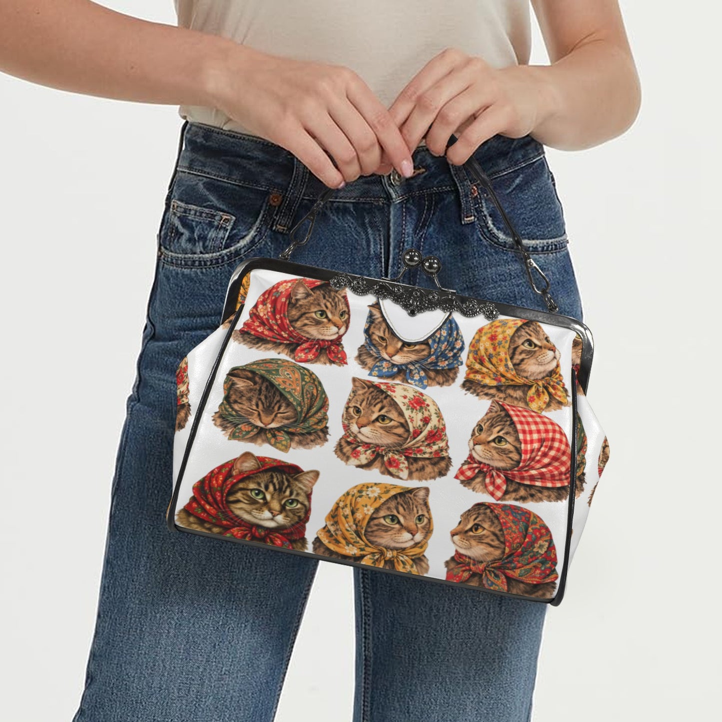 Babushka Tabby Cats Cottage Heads Kisslock Crossbody Shoulder Bag