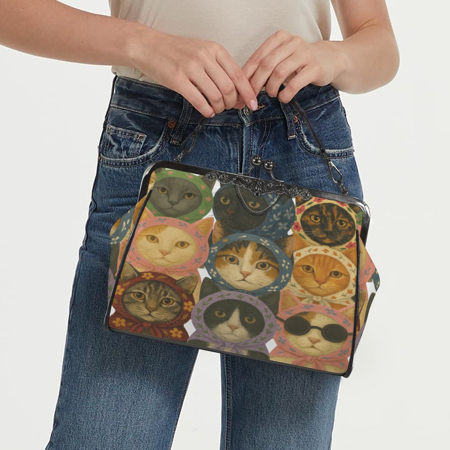 Kitschy Babsushka Cat Vintage Style Kisslock Crossbody Shoulder Bag(Model 1752)