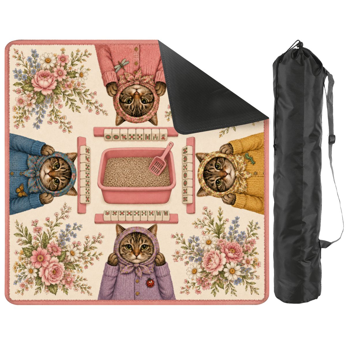 Babushka Cats Mahjong Mat – Tabby Cats Kitschy Girls 33" x 33"