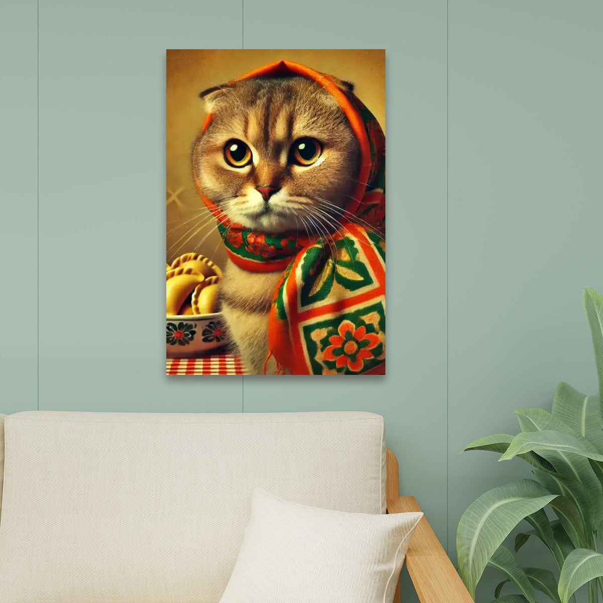 Orange Tabby Cat Brings Pierogi Kitschy Cat Art Canvas Print Wall Art