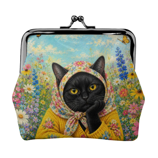 Babushka Cat-Black Cat Flowers and Happy Thoughts Kiss Lock Coin Purse