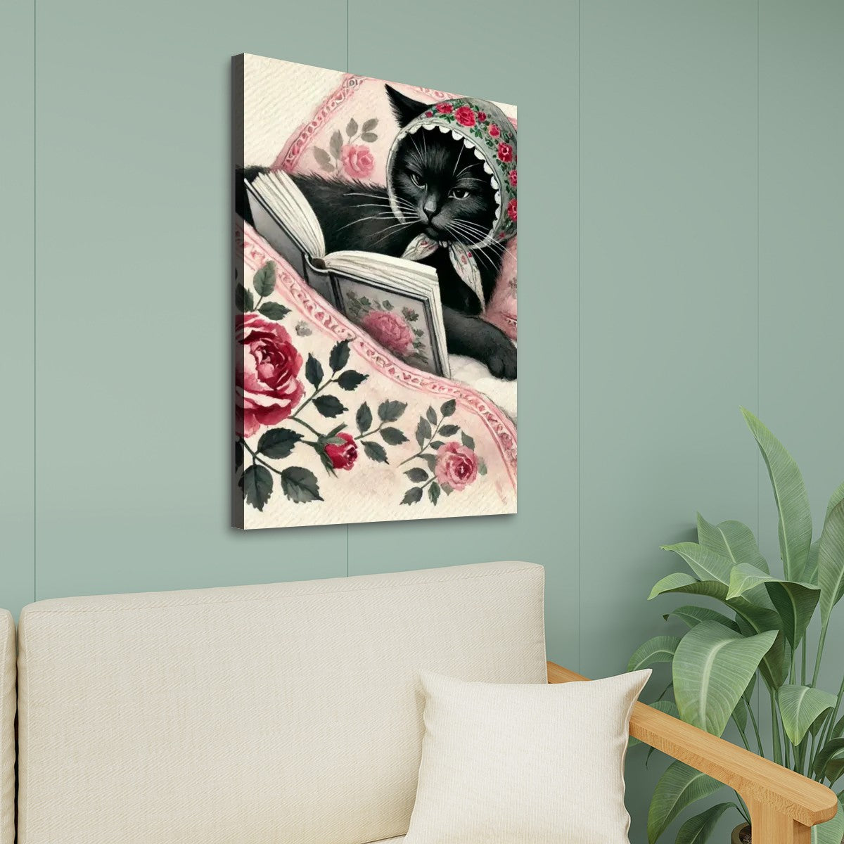 Babushka Cat Reads, Kitschy Cat Canvas Print Wall Art