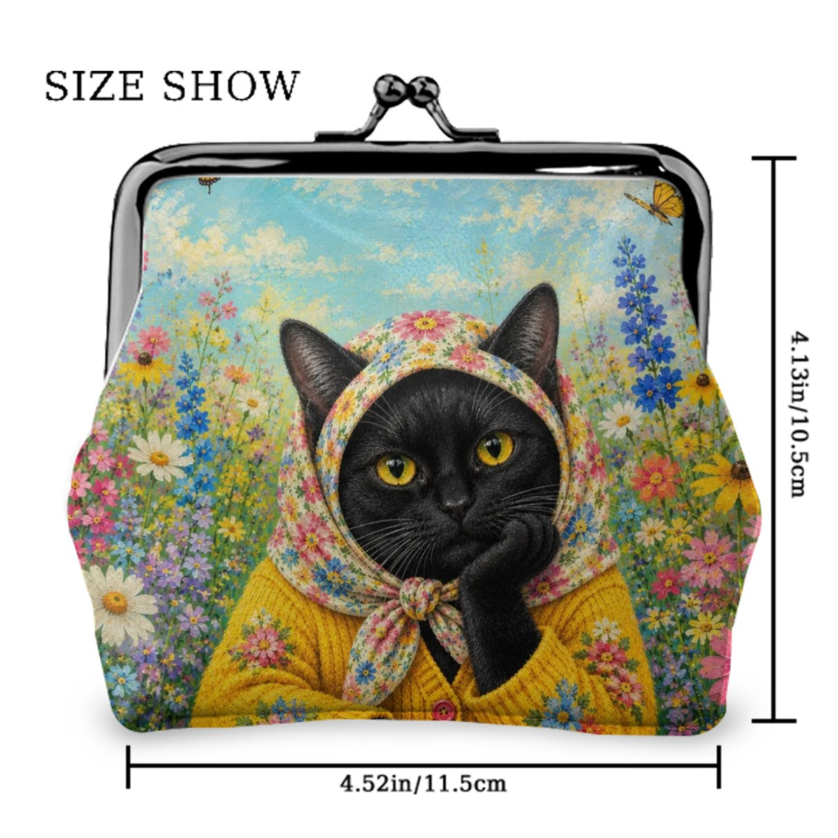 Babushka Cat-Black Cat Flowers and Happy Thoughts Kiss Lock Coin Purse